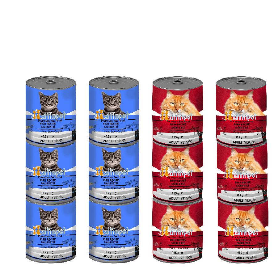 Balık Etli - Sığır Etli Yaş Yetişkin Kedi Maması 415g  6+6  Adet